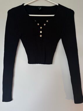 Windsor Black Ribbed Long-Sleeve Cropped Top with Gold Buttons